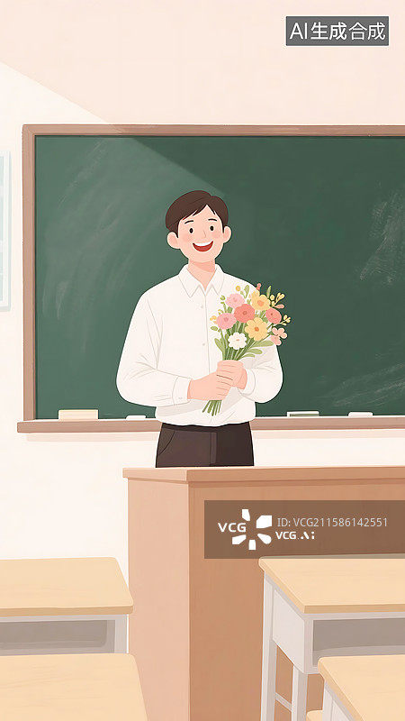 【AI数字艺术】AIGC：年轻的教师手拿鲜花，教师节海报背景插图图片素材