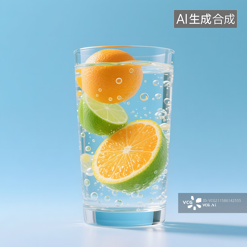 【AI数字艺术】夏日清凉气泡水柠檬水透明玻璃杯背景图图片素材