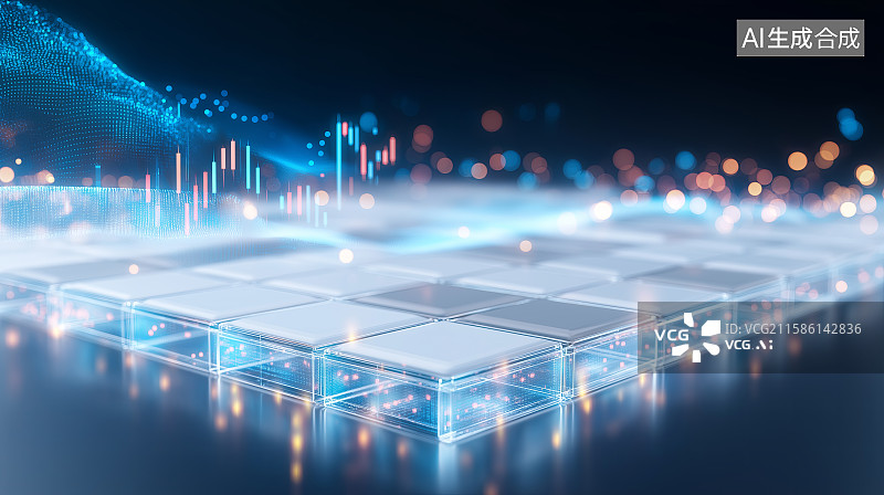 【AI数字艺术】金融投资背景——股价走势图与抽象蓝色光线图片素材