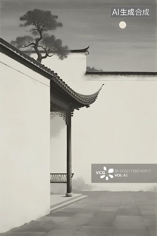 【AI数字艺术】庭院月色，古风建筑与孤树图片素材