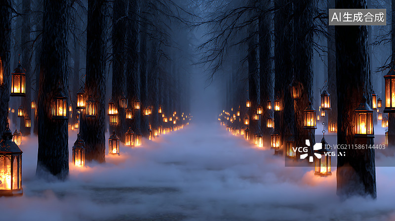 【AI数字艺术】闹鬼的森林小路，树上挂着闪亮的灯笼，地面上雾气翻滚。图片素材