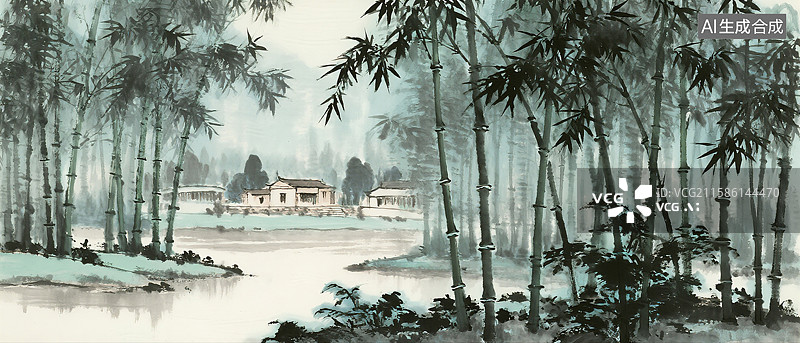 【AI数字艺术】竹林山水水墨画图片素材
