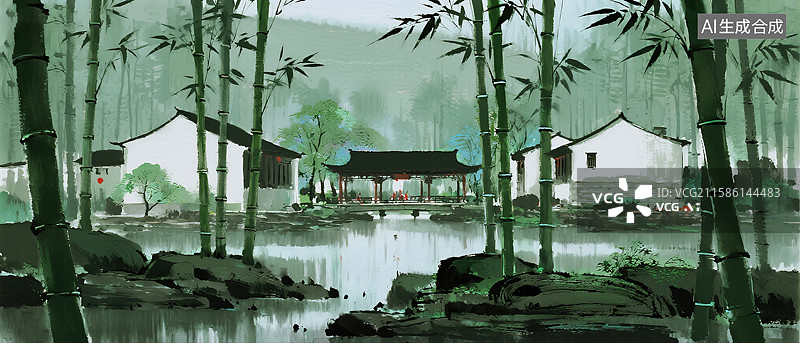 【AI数字艺术】竹林房屋水墨画图片素材