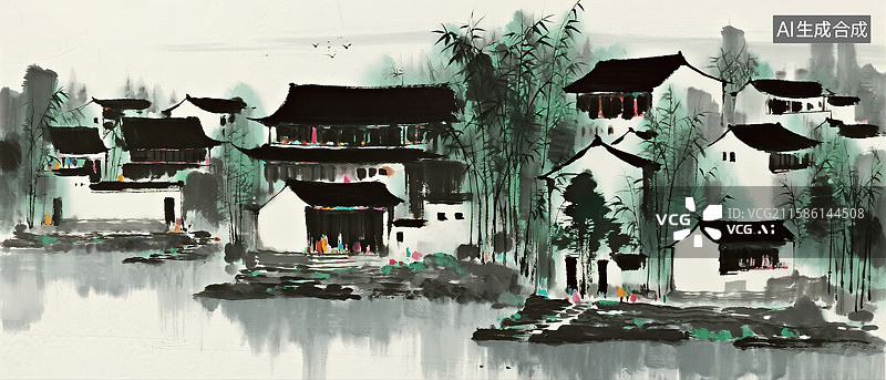 【AI数字艺术】竹林房屋水墨画图片素材