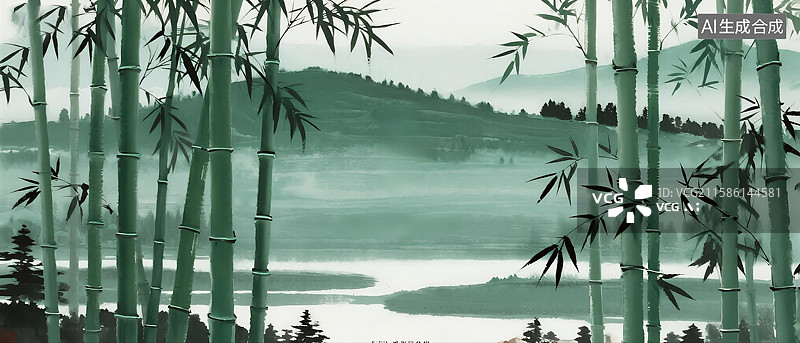 【AI数字艺术】竹林山水水墨画图片素材