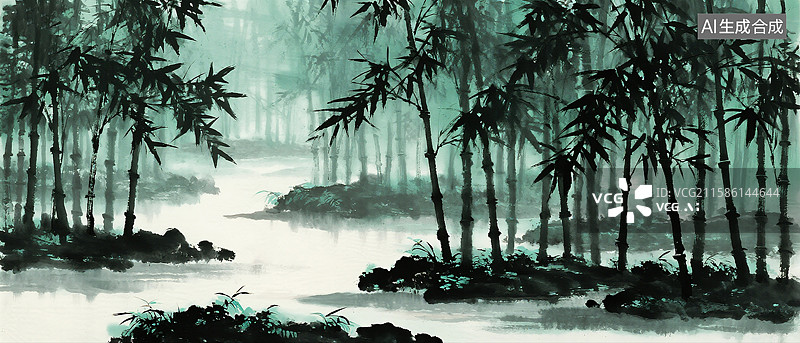 【AI数字艺术】竹林山水水墨画图片素材