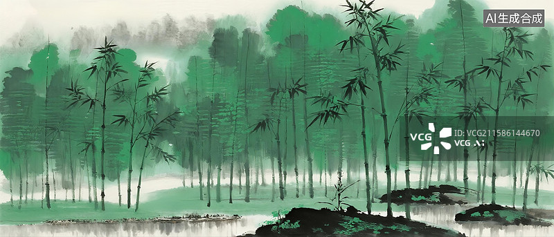 【AI数字艺术】竹林山水水墨画图片素材