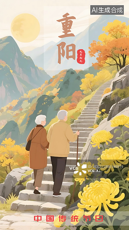 【AI数字艺术】AIGC：重阳节登高赏菊金秋十月海报设计背景图片素材