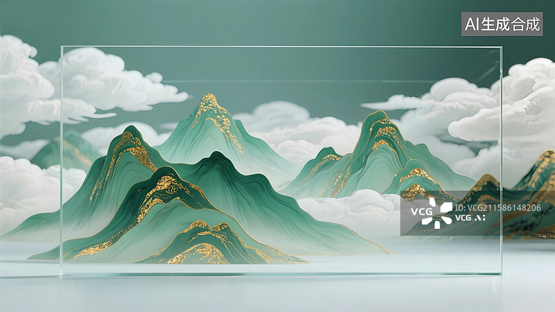 【AI数字艺术】国潮风青山千里江山图中一块玻璃展板图片素材