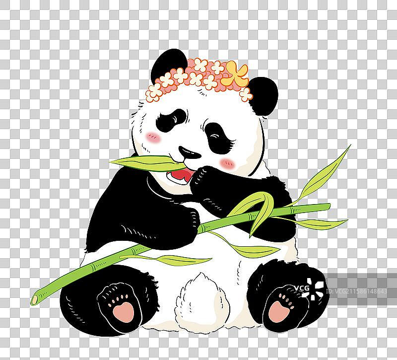 大熊猫福宝戴花环吃竹子可爱插画PNG图片素材