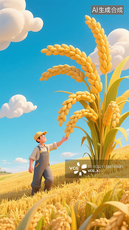【AI数字艺术】3D插画稻田农民图片素材