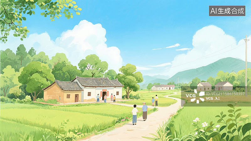 【AI数字艺术】中国山区农村田园插画图片素材