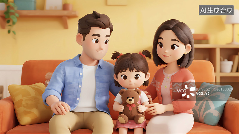 【AI数字艺术】卡通3d温馨一家人家庭教育客厅阅读学习图片素材