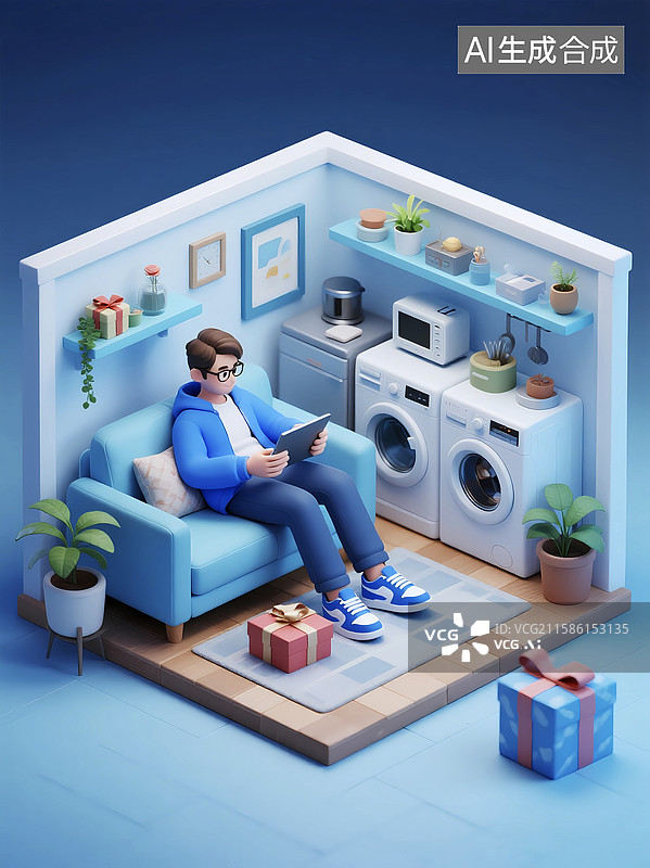 【AI数字艺术】休闲周末男子居家玩平板游戏场景图片素材
