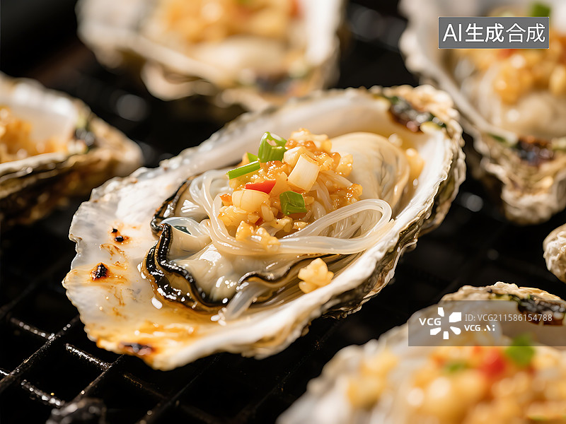 【AI数字艺术】蒜蓉粉丝炭烤生蚝 新鲜 乳山生蚝图片素材