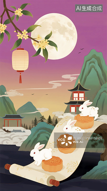 【AI数字艺术】中秋节画卷卷轴兔子月饼插画图片素材