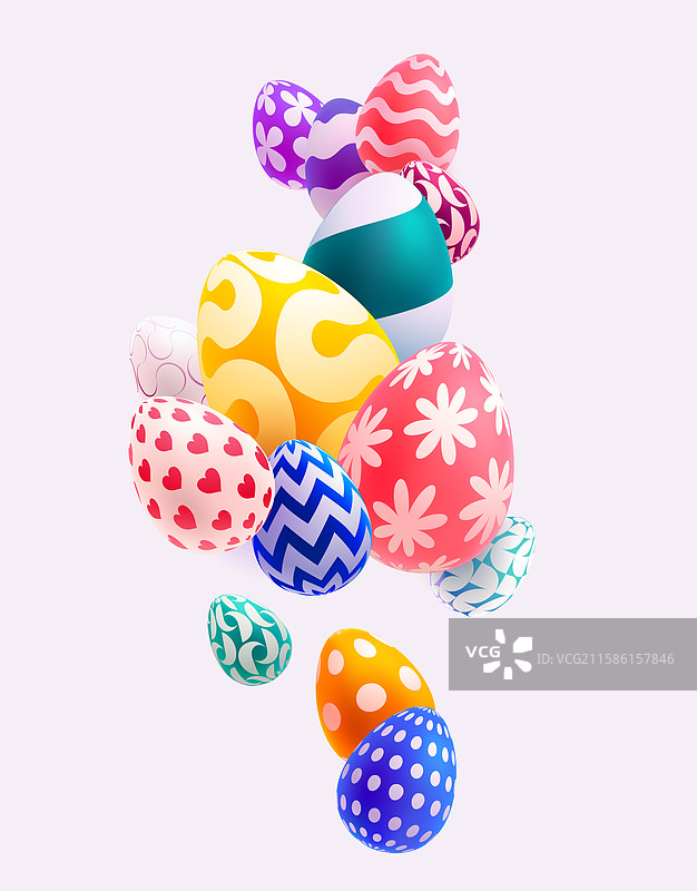 3D复活节彩蛋的构图在浅色背景上图片素材