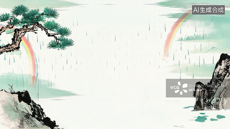 【AI数字艺术】水墨画两侧-水墨画背景壁纸1雨后彩虹，松石相映图片素材