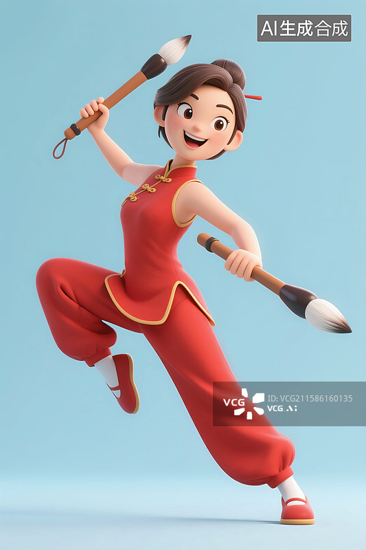 【AI数字艺术】3D立体三维C4D女人拿着毛笔书写中国传统文化毛笔书法快乐卡通形象图片素材