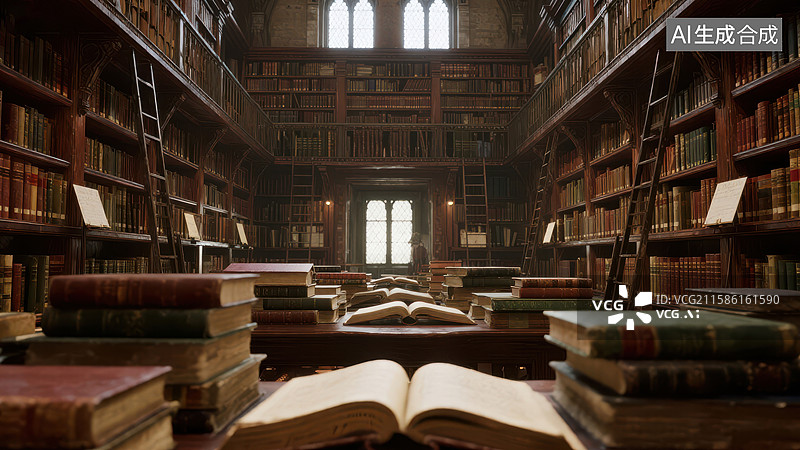 【AI数字艺术】古老图书馆内的书架与书籍图片素材