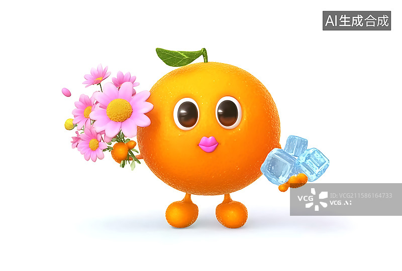 【AI数字艺术】可爱玩具场景：卡通橙子玩偶手持花朵与冰块，呈现萌趣表情装饰画面图片素材