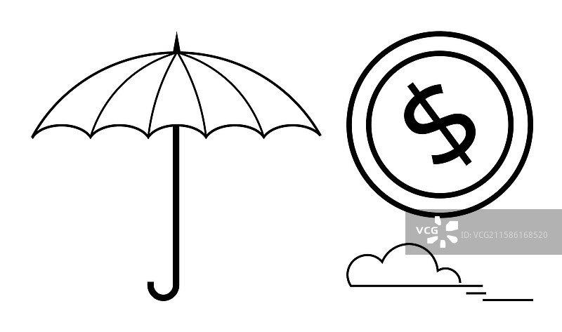 伞下有美元硬币和云朵的象征图片素材