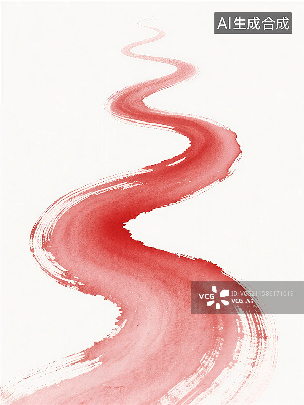【AI数字艺术】红色水彩笔触在白色背景上形成波浪形曲线图案图片素材