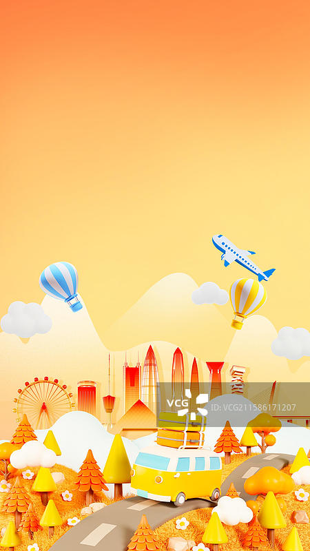 3D立体秋天金色的森林场景秋分节气插画深圳城市插画图片素材