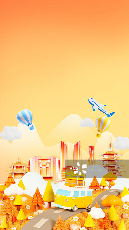 3D立体秋天金色的森林场景秋分节气插画杭州城市插画图片素材