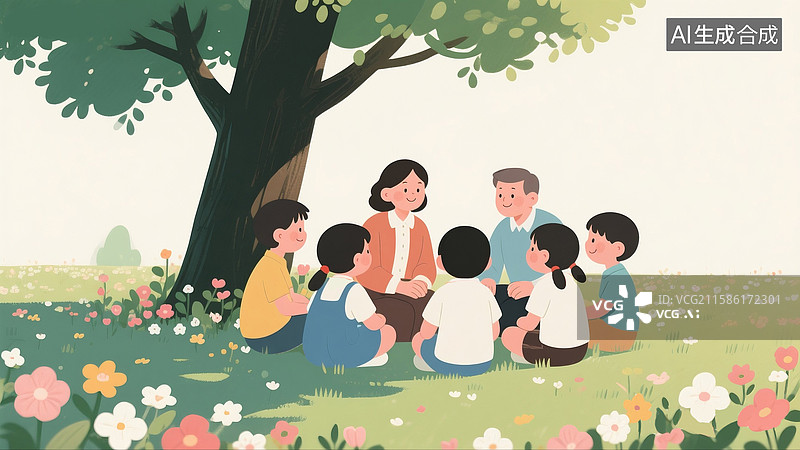 【AI数字艺术】9月10日 感恩教师节插画 户外草地上大树下围坐在一起的老师与学生，桃李满天下温馨场景 横版图片素材
