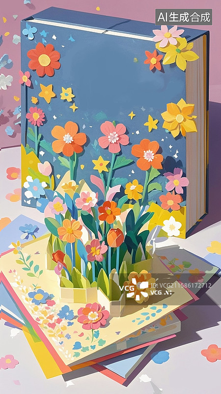 【AI数字艺术】3D渲染教师节插画 桌面上的立体折纸花朵、书籍 老师您辛苦了 学生感恩老师 开学季 竖版图片素材