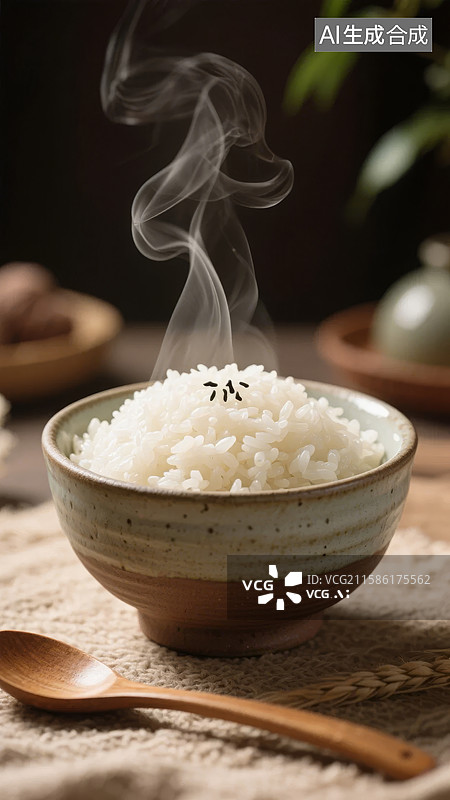 【AI数字艺术】热腾腾的米饭盛在陶瓷碗中图片素材