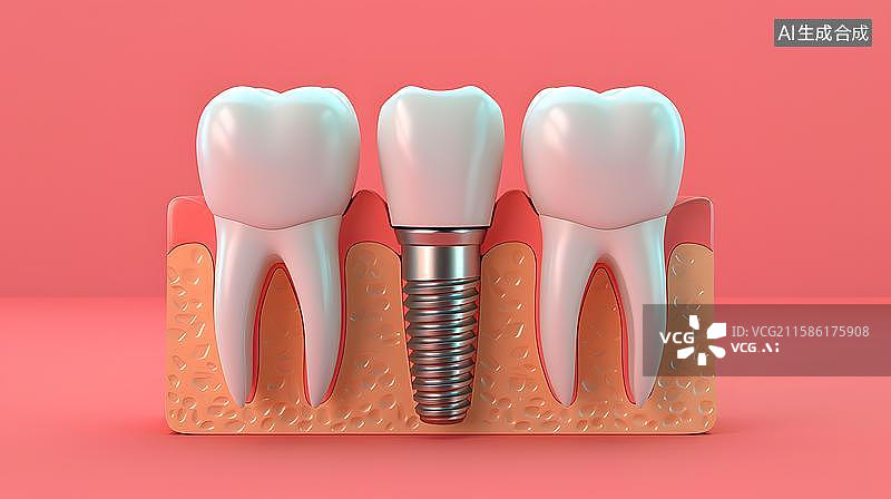 【AI数字艺术】牙齿种植修复的微观世界 健康牙齿的植入过程  牙齿种植的3D渲染模型图  种植牙假牙补牙概念图图片素材