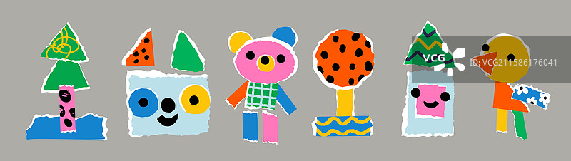 孩子们用彩色纸张制作的明亮纸板艺术拼贴画图片素材