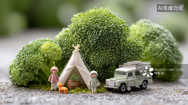 【AI数字艺术】西兰花丛林里的微缩露营图片素材