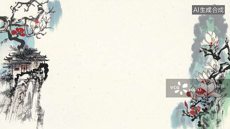 【AI数字艺术】水墨画两侧-水墨画背景壁纸-山水花鸟，古典意境图片素材