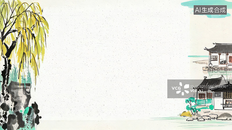 【AI数字艺术】水墨画两侧-水墨画背景壁纸-水墨风格的柳树与传统建筑图片素材