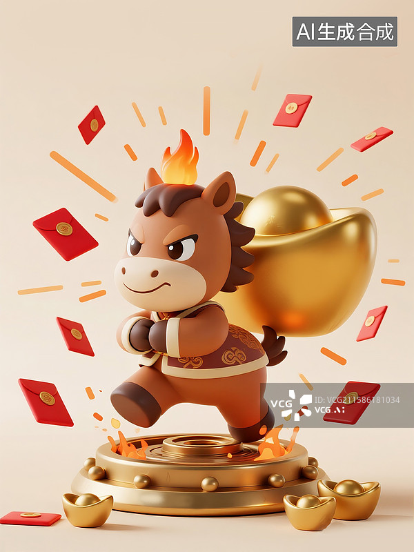 【AI数字艺术】卡通跑马带金元宝，卡通马携财运奔跑，国潮春节新年可爱卡金马贺岁插画 2026马年十二生肖丙午年图片素材