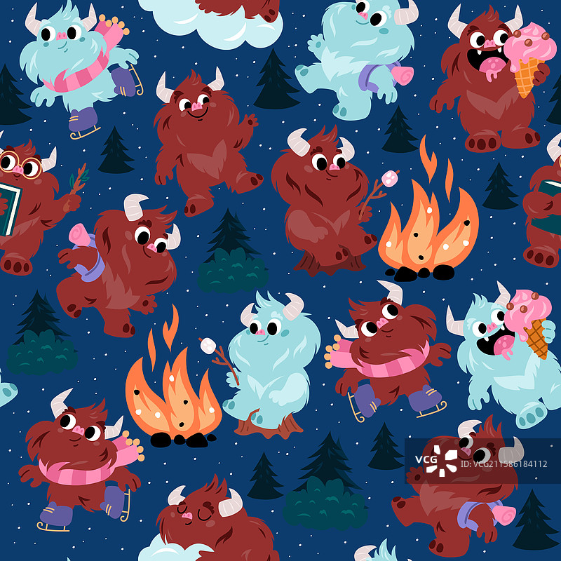 卡通雪人幻想毛茸茸角色无缝图案图片素材