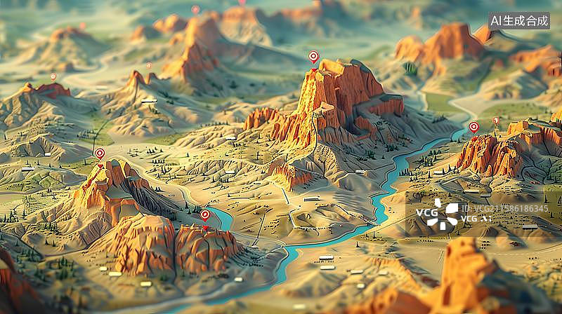 【AI数字艺术】定位新视角 地图上的带有GPS定位图标定位坐标的场景  不规则形状地区的地形图上的红色定位标记图片素材