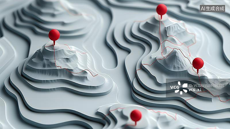 【AI数字艺术】定位新视角 地图上的带有GPS定位图标定位坐标的场景  不规则形状地区的地形图上的红色定位标记图片素材