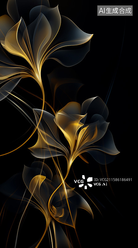 【AI数字艺术】黑色背景金色花瓣的优雅绽放图片素材