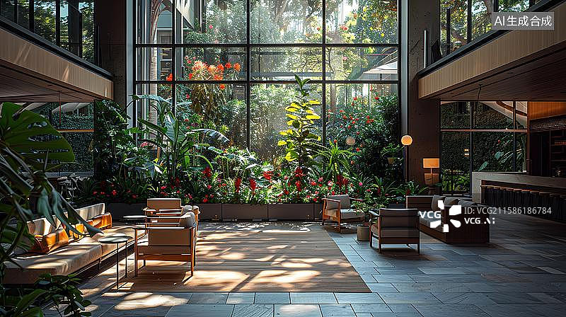 【AI数字艺术】绿意盎然的休闲角落 阳光下的静谧客厅一隅  现代侘寂风绿植环绕室内客厅空间图片素材