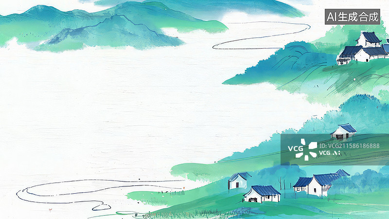 【AI数字艺术】水墨画最大-水墨画背景壁纸1青山绿水间的宁静村落图片素材