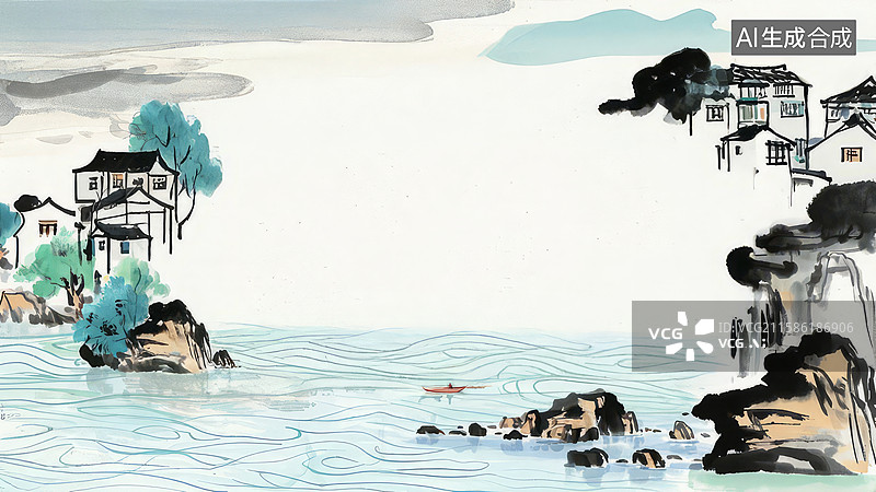 【AI数字艺术】水墨画最大-水墨画背景壁纸1水墨山水画中的村落与江水图片素材