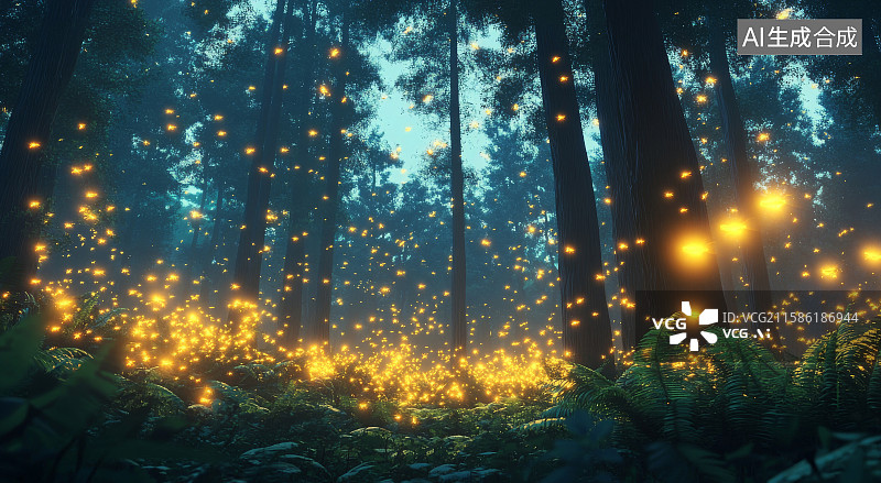 【AI数字艺术】森林中闪烁的萤火虫景观图片素材