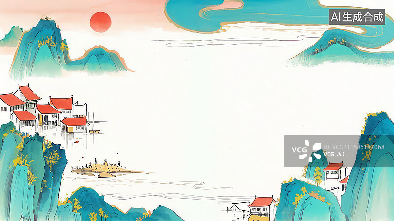 【AI数字艺术】水墨画最大-水墨画背景壁纸1山水环绕的古风建筑图图片素材