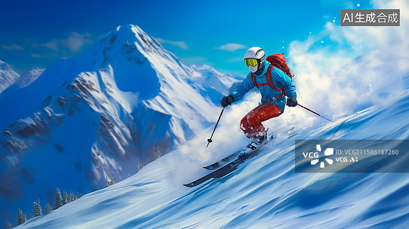 【AI数字艺术】雪山之巅的滑雪挑战飞驰雪域的极限运动图片素材
