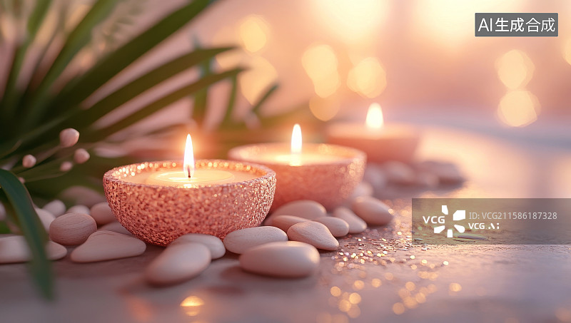 【AI数字艺术】粉色蜡烛与石头特写，SPA放松理疗健康治疗按摩水疗冥想背景图片素材