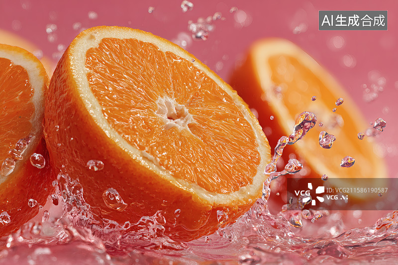 【AI数字艺术】对半切开的橙子，黄色的果肉，飞溅的水滴，橙汁鲜榨饮料图片素材